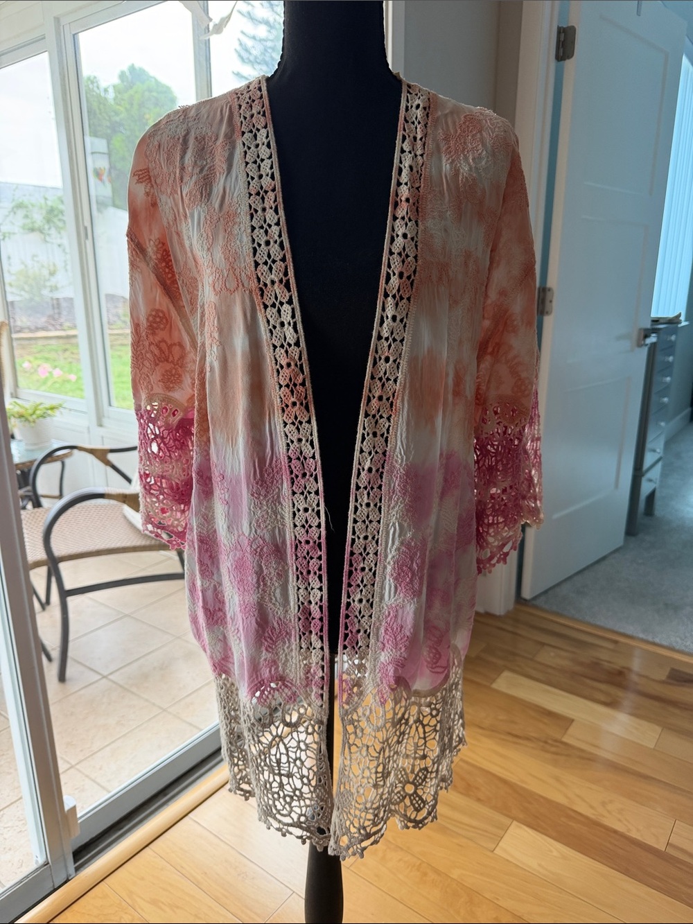 Democracy Peach Pink Crochet Trim Open Kimono Tunic